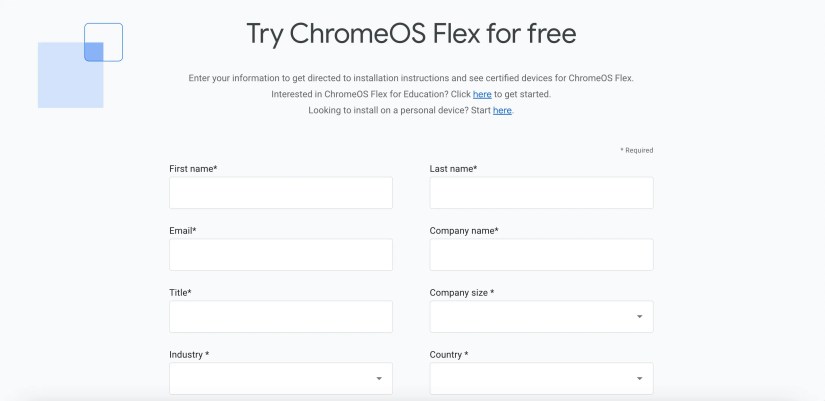 A page displaying details a user needs to enter to download ChromeOS Flex.