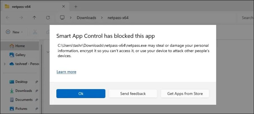 &lsquo;Smart App Control has blocked this app&rsquo; notification.