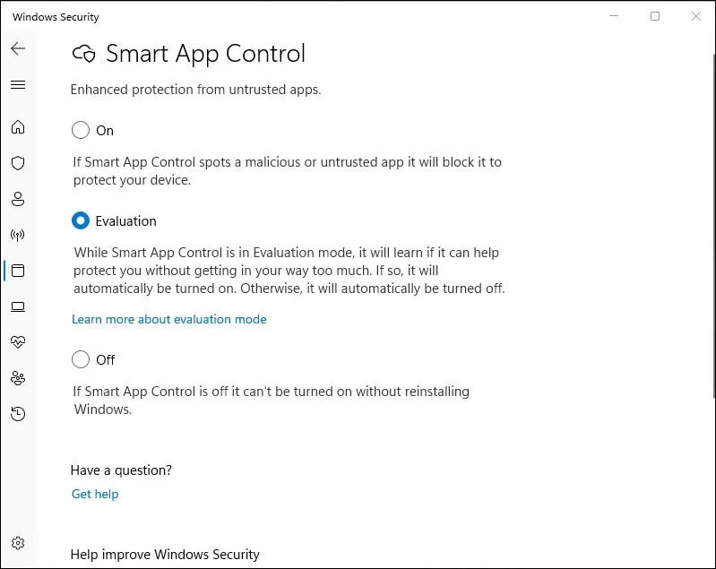 Smart App Control Evaluation mode selected in Windows 11