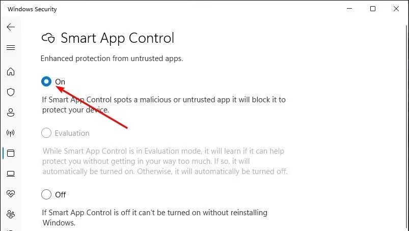 Smart App Control turned on in Windows 11.