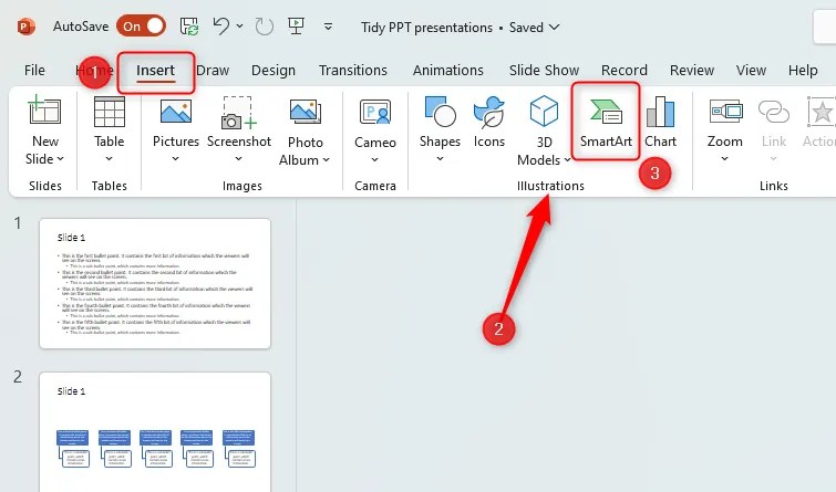 PPT window showing where to access the SmartArt option within the &lsquo;Illustrations&rsquo; group of the &lsquo;Insert&rsquo; tab.