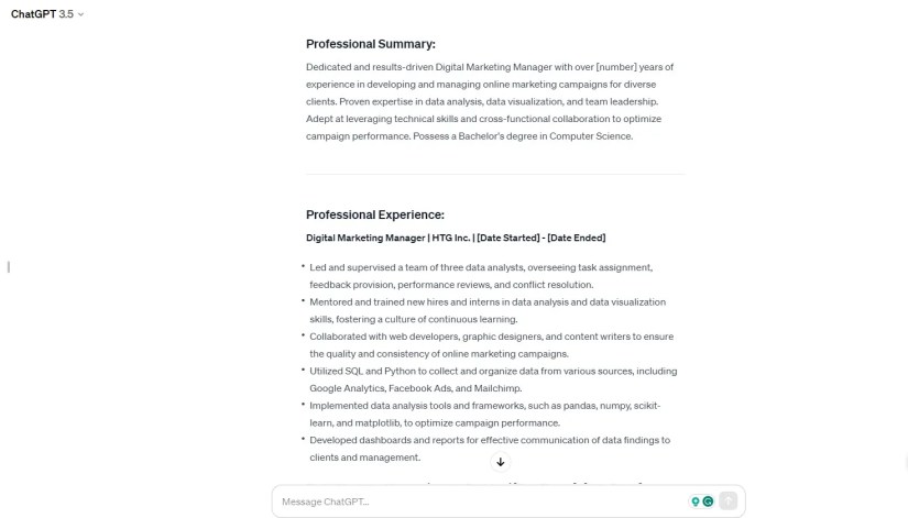 Screenshot of snippet of a ChatGPT-crafted resume