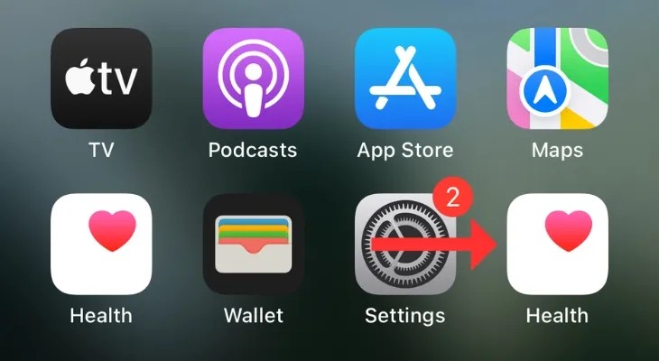 Screenshot of iPhone&rsquo;s home screen with an arrow next to the Health app.
