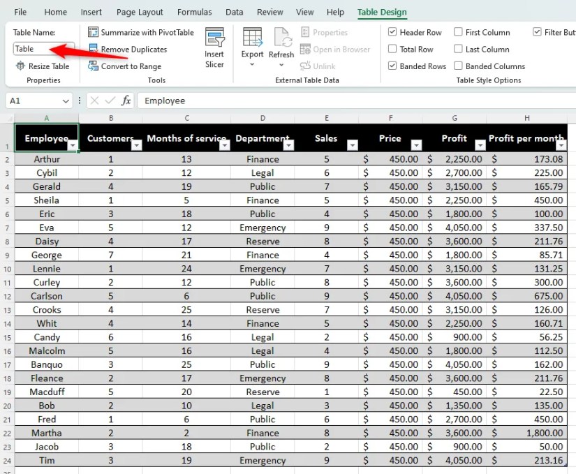 Excel sheet highlighting where the table name can be amended.