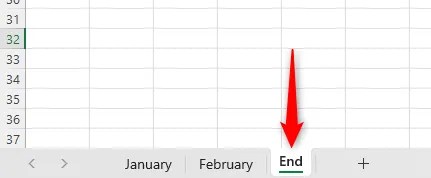 An Excel workbook with a worksheet called &lsquo;End&rsquo; in the last position.