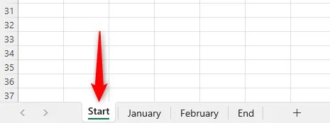 An Excel workbook with a worksheet called &lsquo;Start&rsquo; in the first position.