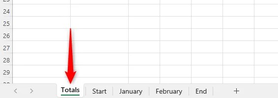 An Excel workbook with a worksheet called &lsquo;Totals&rsquo; in the first position.