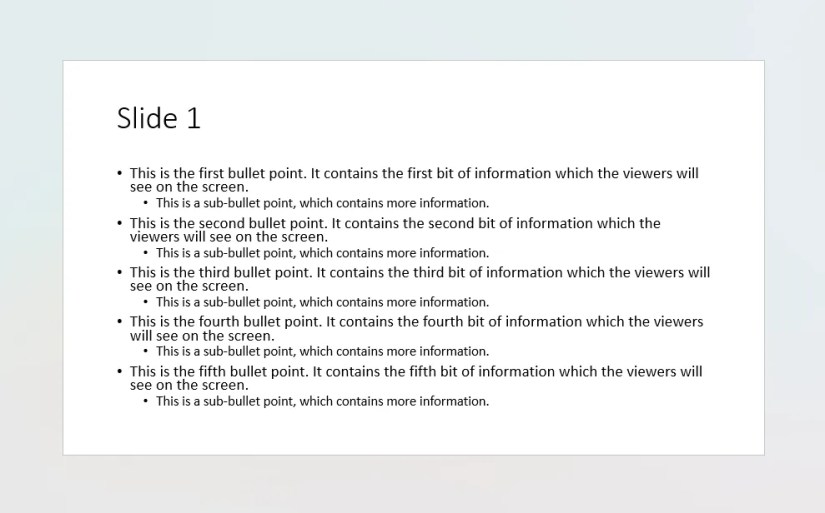 PPT slide showing five bullet points, each containing its own sub-bullet point.