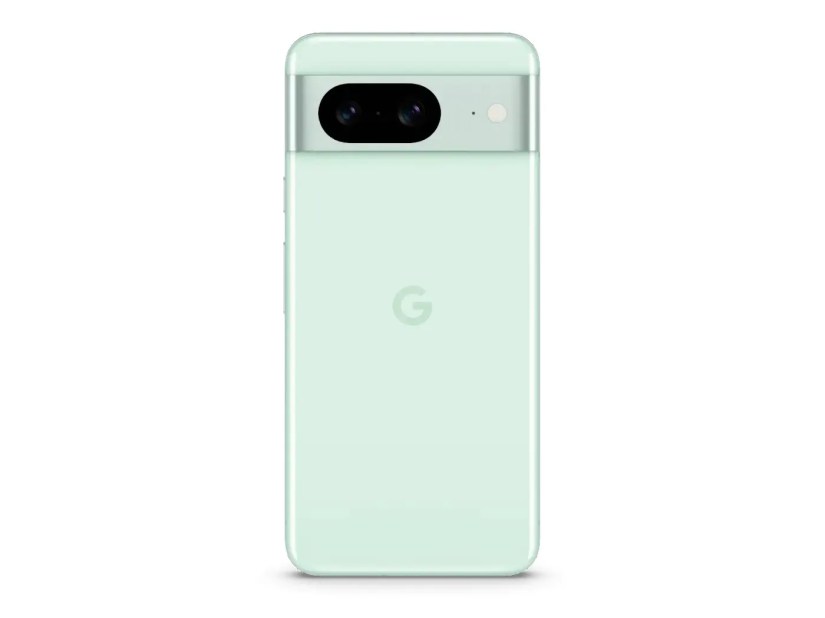 Photo of the back of a Mint color Google Pixel 8.