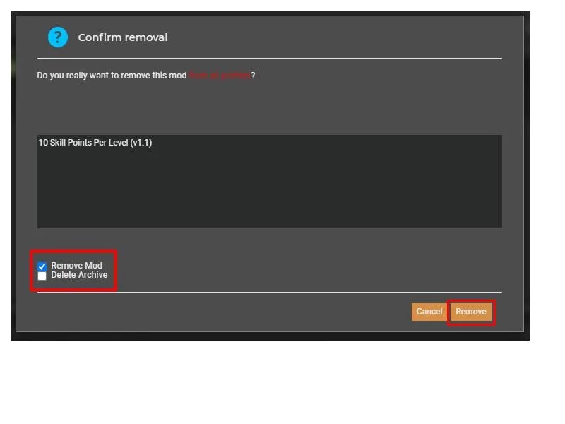 A screenshot showing which option to choose to delete an individual mod in Vortex Mod Manager.