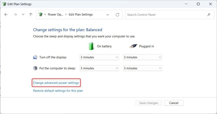 Windows 11 Edit Plan Settings window highlighting &lsquo;Change advanced power settings&rsquo; option.