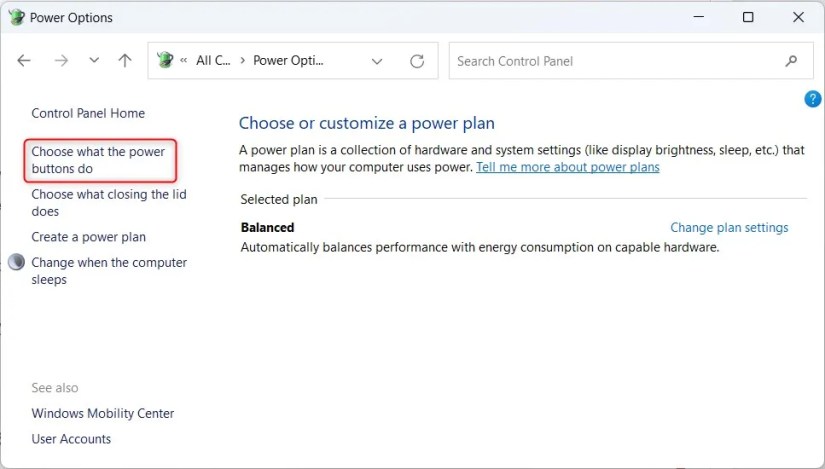 Windows 11 Power Options window highlighting &lsquo;Choose what the power button do&rsquo; option.