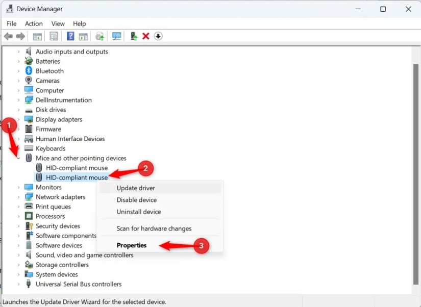 Windows 11 Device Manager window highlighting &lsquo;Mice and other pointing devices&rsquo; right-click menu.