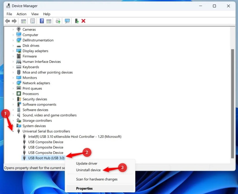 Windows 11 Device Manager window highlighting &lsquo;USB Root Hub&rsquo; right-click menu.