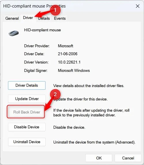 Windows 11 mouse Properties window highlighting &lsquo;Roll Back Driver&rsquo; option.