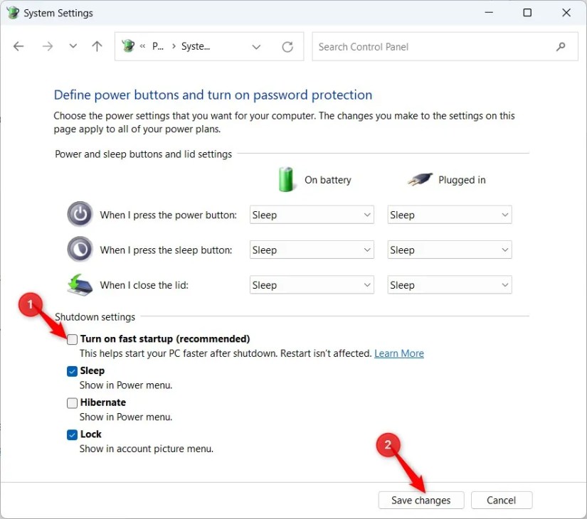 Windows 11 System Settings window highlighting &lsquo;Turn on fast startup&rsquo; option.