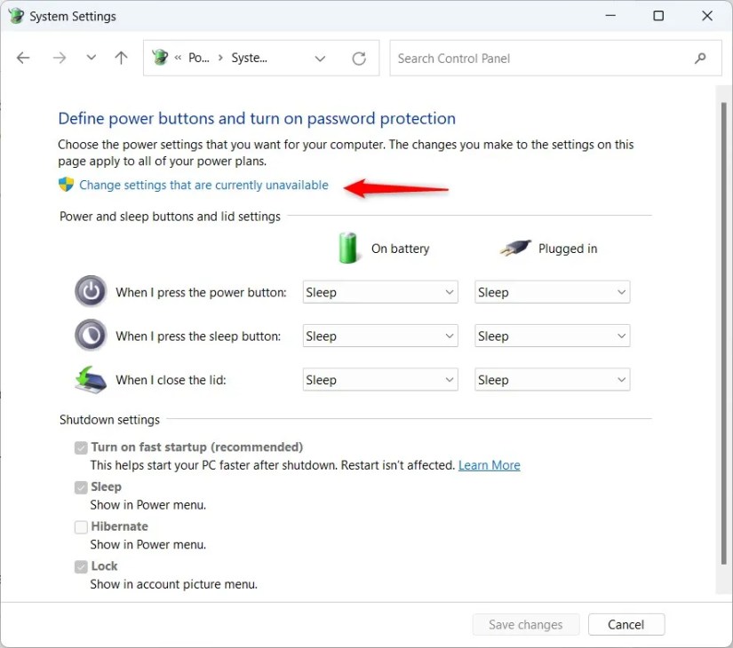 Windows 11 System Settings window highlighting &lsquo;Change settings that are currently unavailable&rsquo; option.