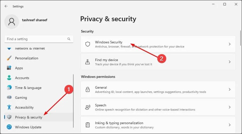 Windows 11 Privacy &amp; security settings.