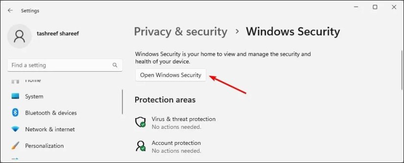 Windows 11 Settings app showing Open Windows Security option.