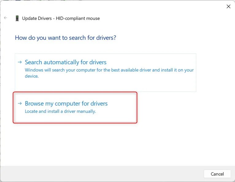 Windows 11 Update Drivers window highlighting &lsquo;Browse my computer for drivers&rsquo; option.