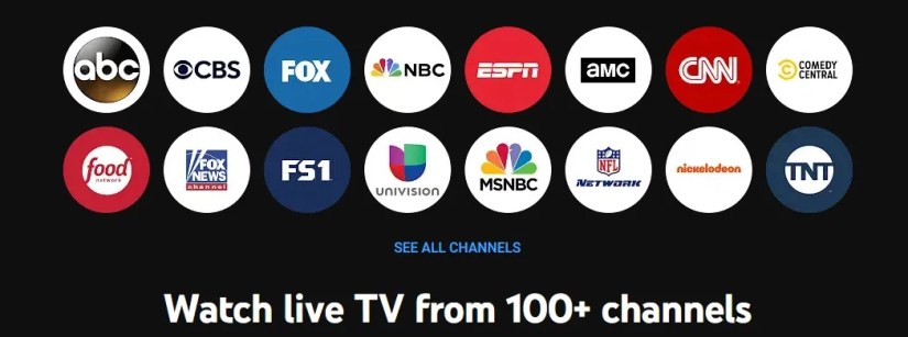 YouTube TV partial channel list.