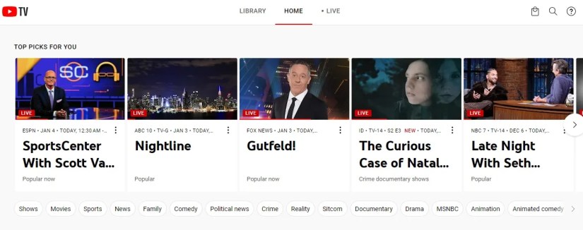 YouTube TV home screen with tabs.