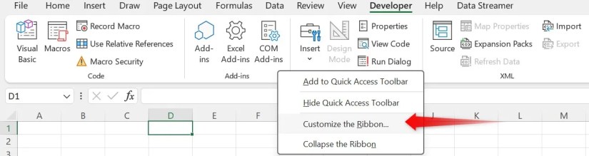 Opening the &lsquo;customize the ribbon&rsquo; option in Microsoft Excel.