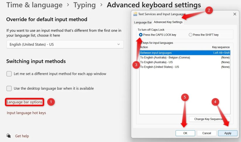 Changing the key that turns off the Caps Lock in the advanced keyboard settings on Windows.