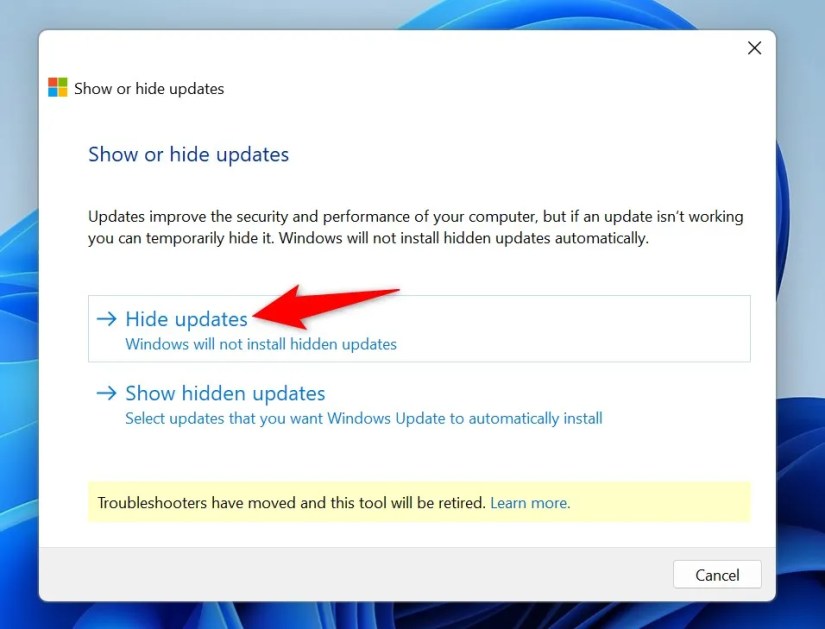 &lsquo;Hide Updates&rsquo; highlighted on the Show or Hide updates window.