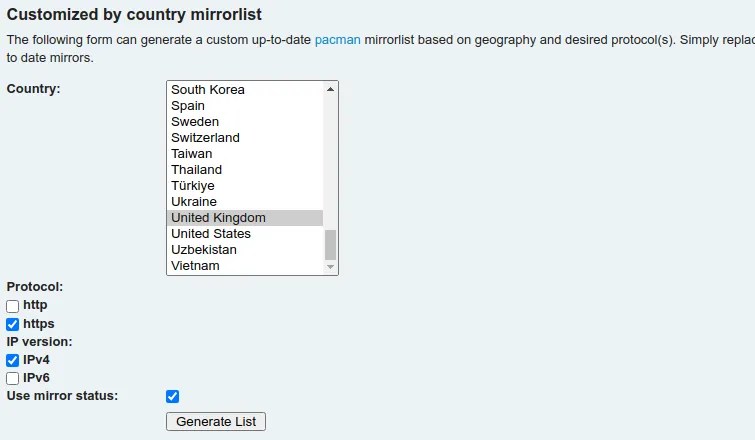 The Arch Linux mirror list generator web page