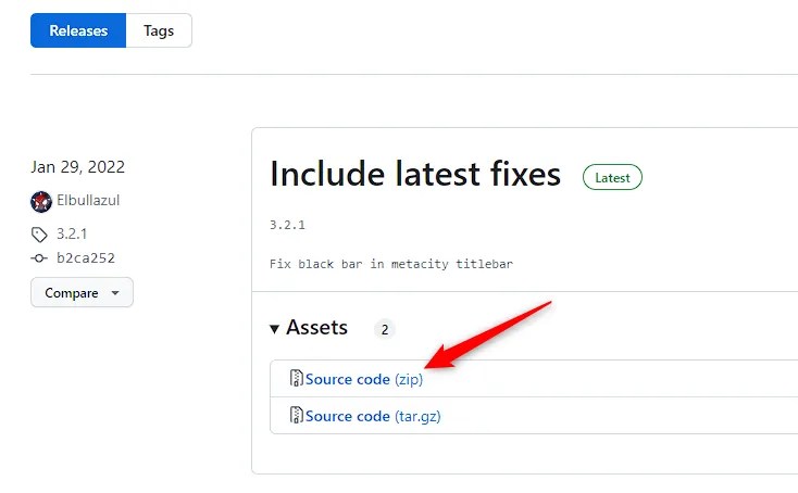 GitHub Release page for B00-merang-Project&rsquo;s Windows 10 theme, with the zip file download labeled Source Code highlighted.