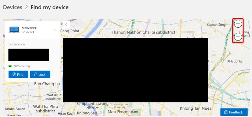 A device&rsquo;s location displayed on a map on the Microsoft Devices site.