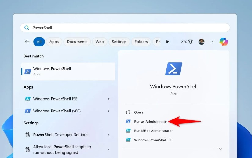 &lsquo;Run as Administrator&rsquo; highlighted for PowerShell in Windows Search.