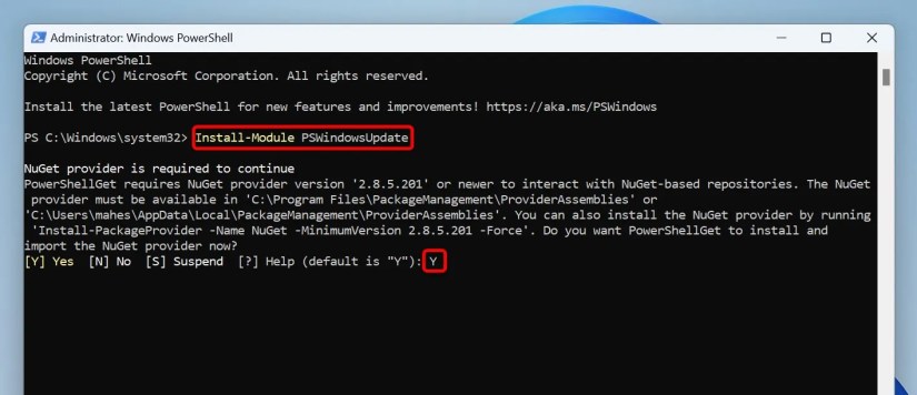 The command to install Windows Update module and &lsquo;Y&rsquo; typed in PowerShell.