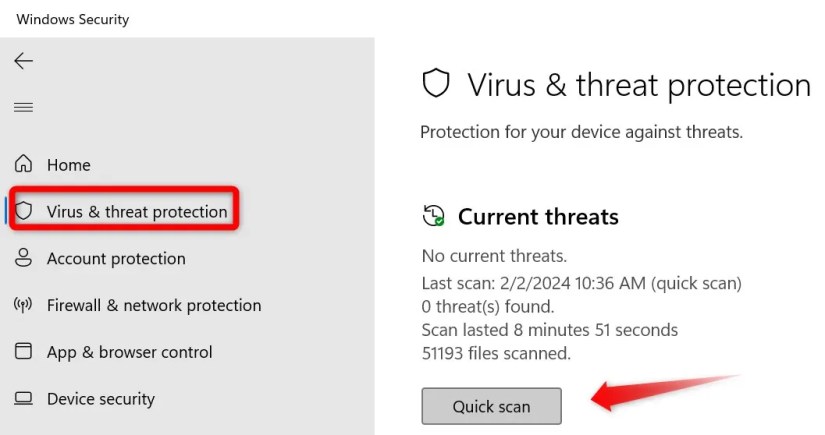 Running the Microsoft Defender&rsquo;s quick scan from the Windows Security app.