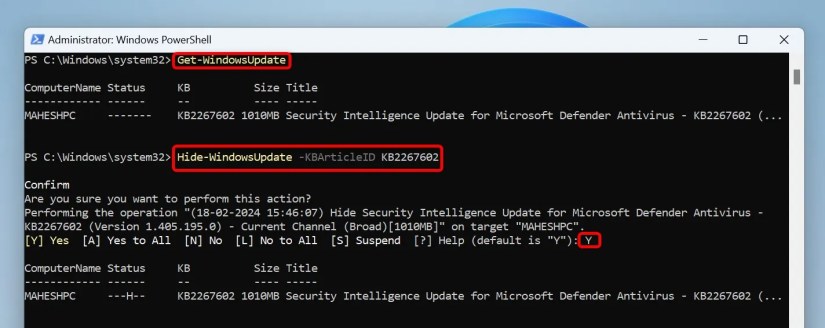 The command to view updates, hide an update, and &lsquo;Y&rsquo; typed in PowerShell.