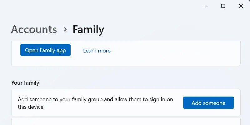 Adding someone to &ldquo;Your Family&rdquo; in the Settings app.