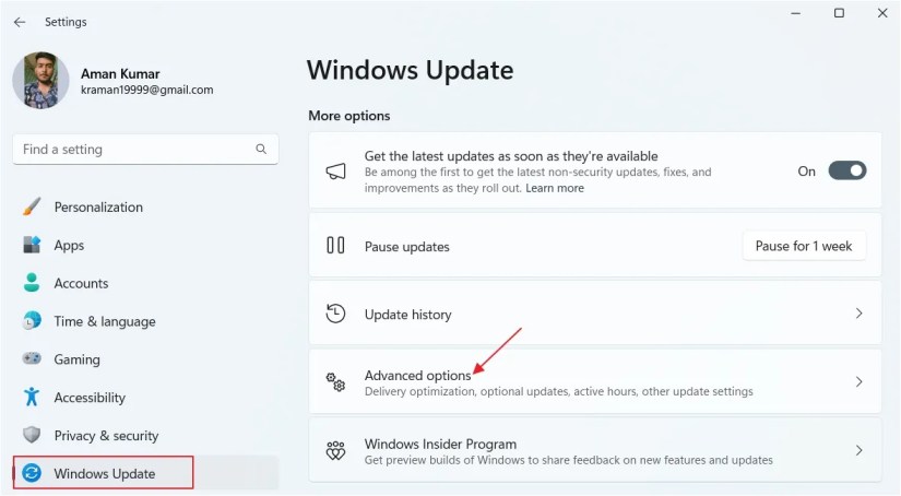 Advanced Options in the Windows Settings app.