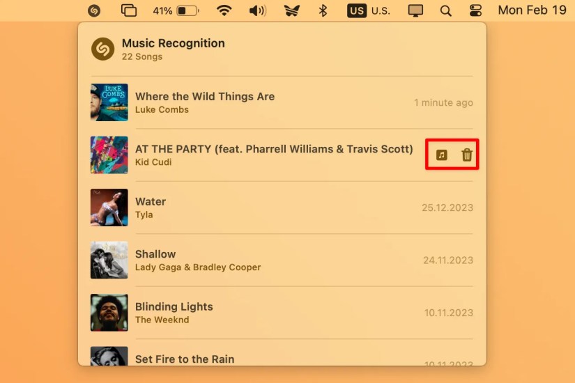 Music Recognition in macOS menu bar displaying Shazam history.
