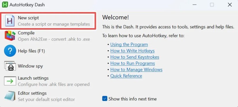 AutoHotkey with the &lsquo;New Script&rsquo; option highlighted.
