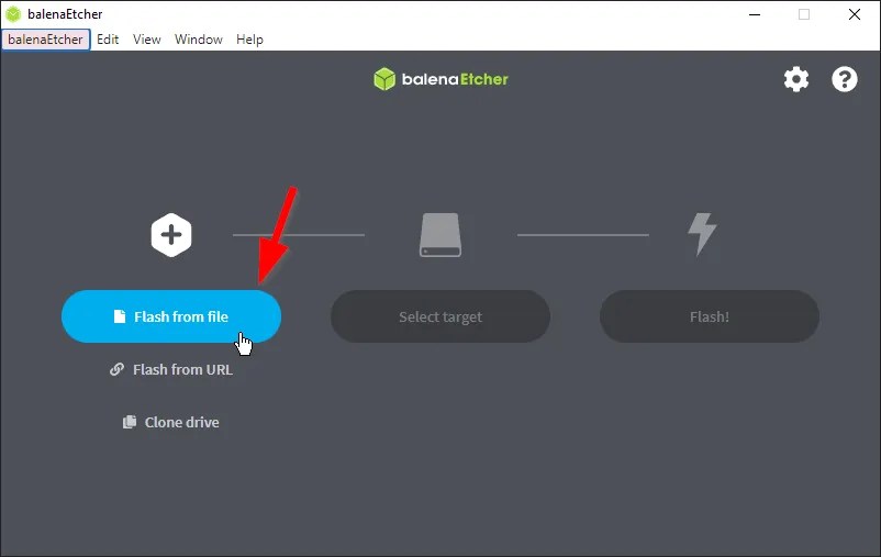 Selecting the &ldquo;Flash from file&rdquo; option in Balena Etcher.
