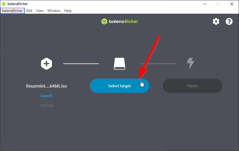 Choosing the &ldquo;Select target&rdquo; option in Balena Etcher