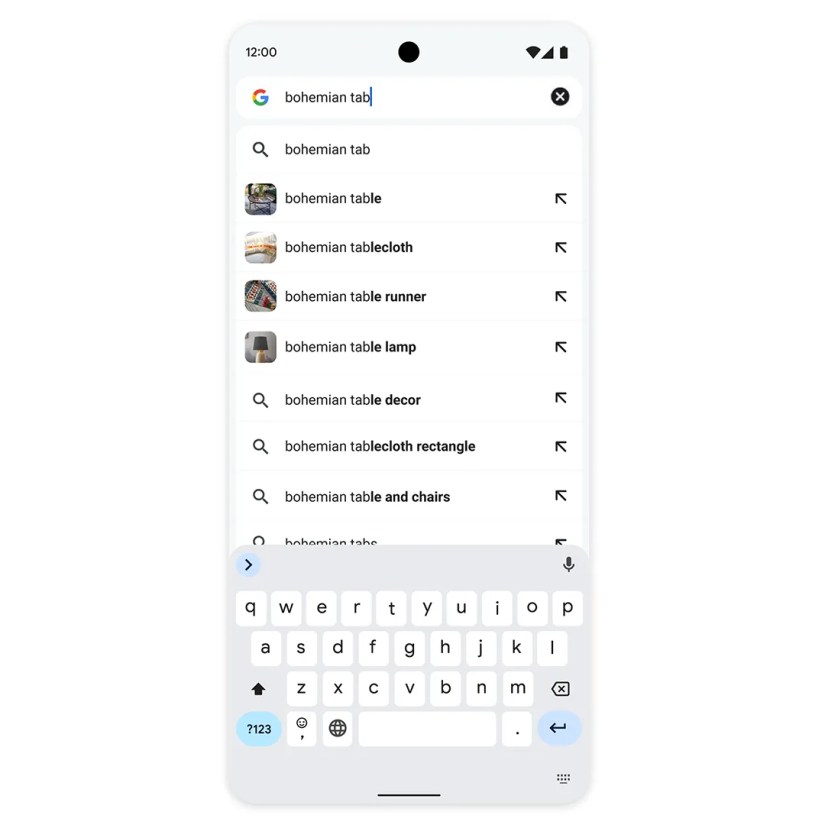 Chrome screenshot on an Android phone showing images for multiple search suggestions.