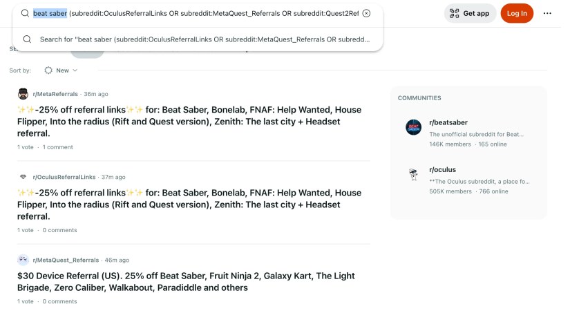 A search on Reddit for Beat Saber referral codes.