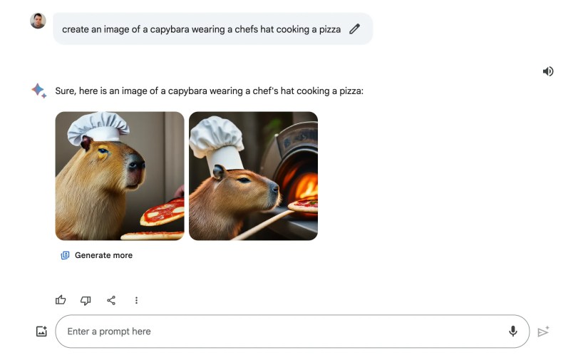 Google Bard screenshot with prompt &ldquo;create an image of a capybara wearing a chefs hat cooking a pizza&rdquo;, with two attached images.