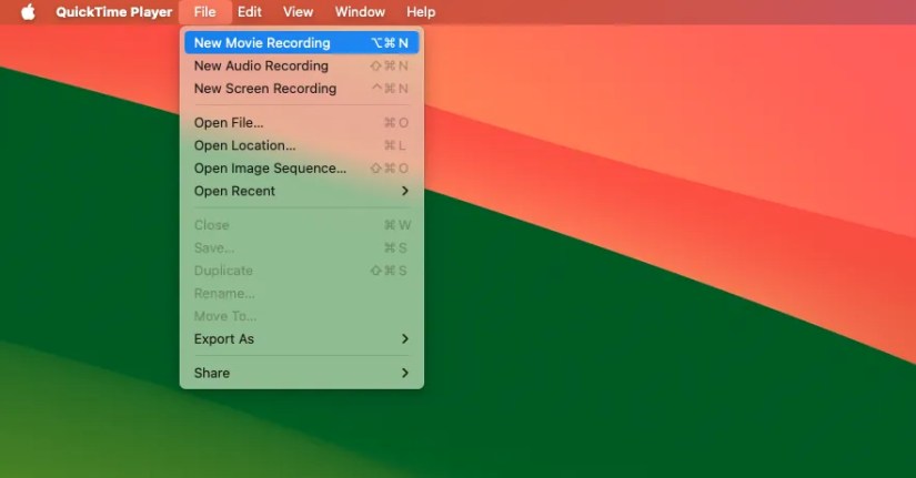 Selecting &lsquo;New Movie Recording&rsquo; in File menu in QuickTime Player.