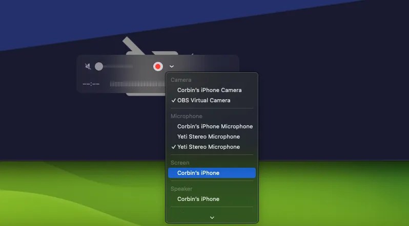 &lsquo;Corbin&rsquo;s iPhone&rsquo; listed as an input device in QuickTime Player.