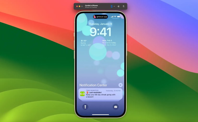 Bezel app on Mac showing iPhone 15 screen.