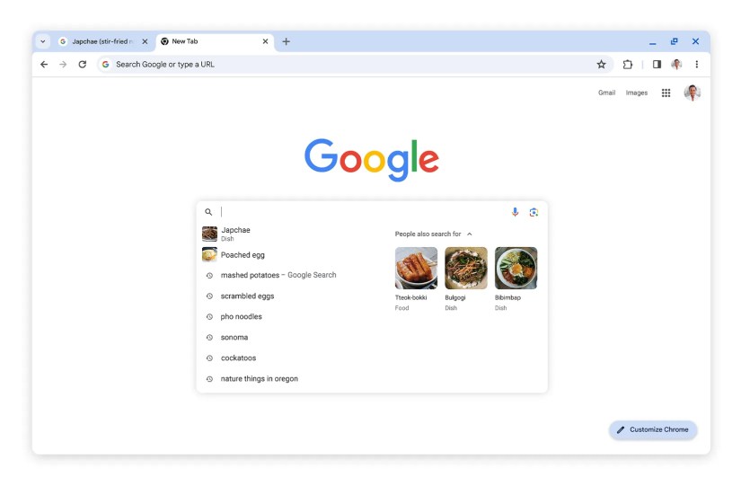 The Chrome new tab page showing search suggestions with a &ldquo;People also search for&rdquo; section alongside the main list.