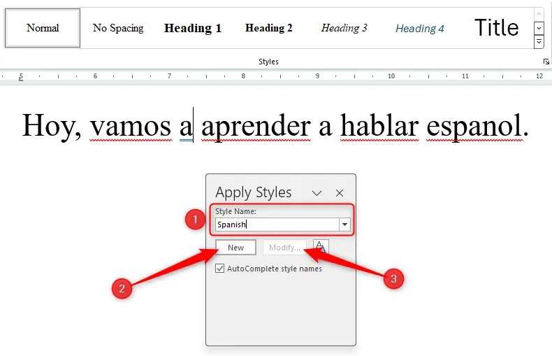 &lsquo;Apply Styles&rsquo; dialog box in Word, with the style name changed to &lsquo;Spanish&rsquo;, and the &lsquo;New&rsquo; and &lsquo;Modify&rsquo; buttons highlighted.